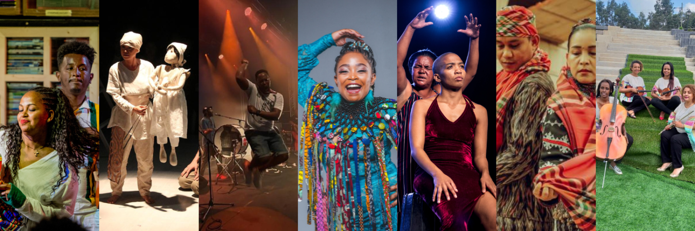 A collage of seven different performing arts groups
