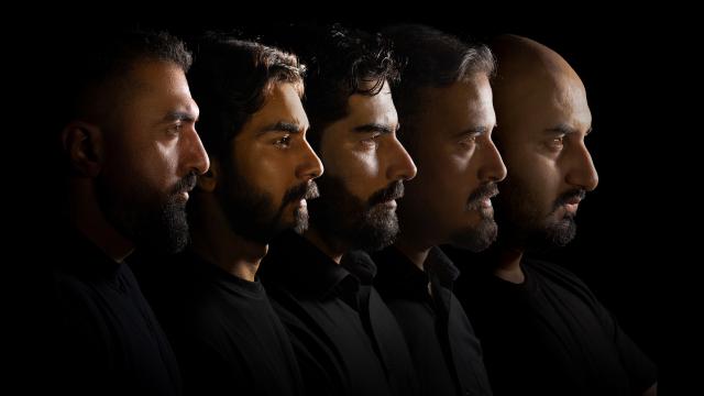 Khumariyaan by Bilal Khan Five men in black shirts, lined up, photographed in silhouette
