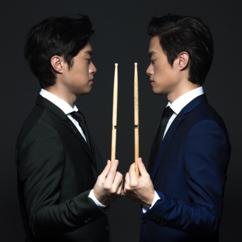 Twincussion by Terry Lin Two men facing each other in profile, each holding a drum stick