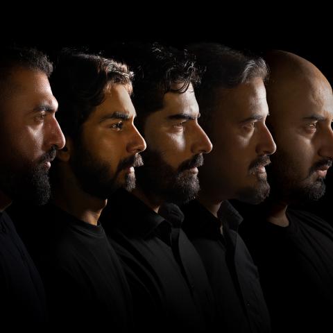 Khumariyaan by Bilal Khan Five men in black shirts, lined up, photographed in silhouette