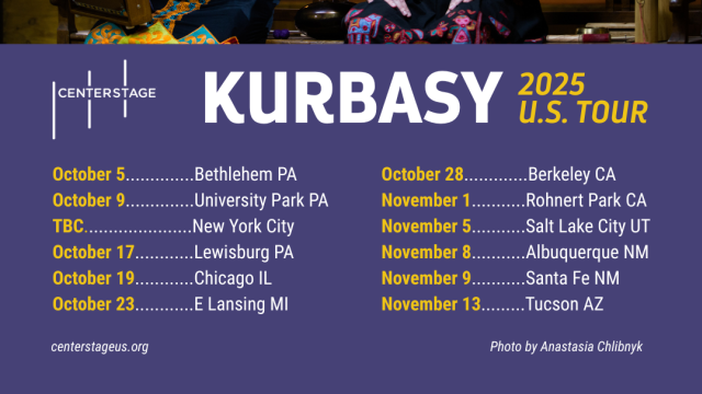 Kurbasy 2025 Tour Dates Two women in traditional Ukrainian outfits, holding instruments and singing, on top of text of their U.S. tour dates