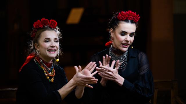 Kurbasy by Anastasia Chlibnyk Two women performing on stage, using their hands to express themselves